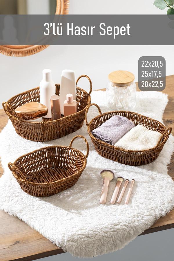 Porsima 302c 3lü Düzenleyici Oval Hasır Sepet Seti Ekmeklik Sepet - Image 1
