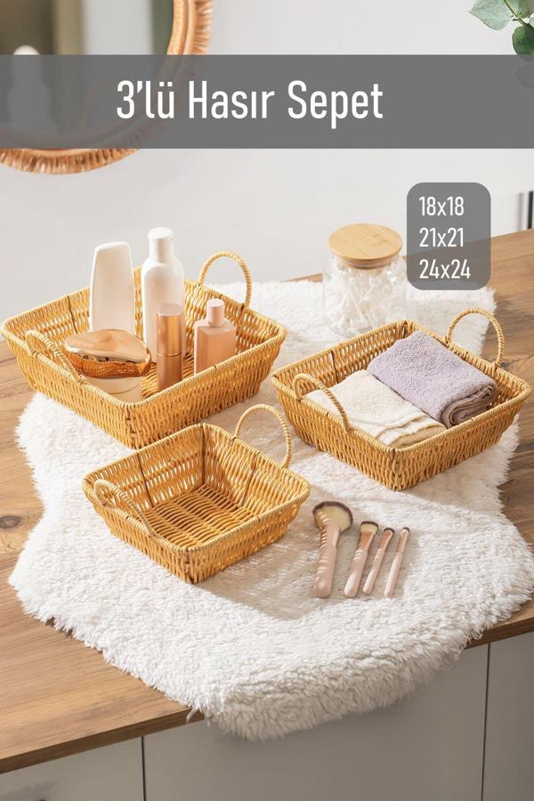Porsima 303b 3lü Düzenleyici Kare Hasır Sepet Seti Ekmeklik Sepet - Image 1