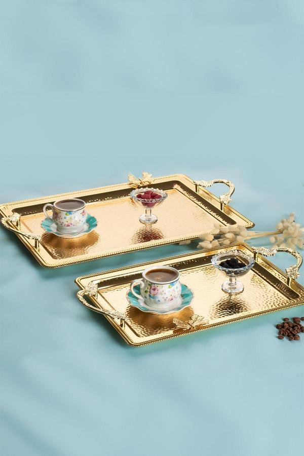 Porsima 3250 2 Li Gold Paslanmaz Çelik Kahve Servis Sunum Tepsisi - Image 1