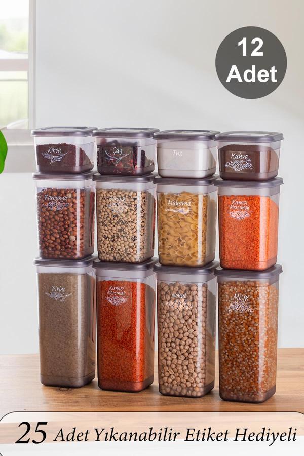 Porsima 433-GR Etiketli Kare Erzak Baharat Saklama Kabı Seti Gri 12'Li - Image 1