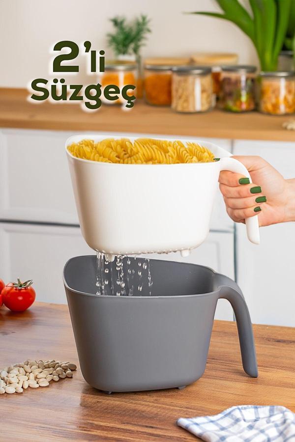 Porsima G-575 2 Parça Plastik Süzgeç Çok Amaçlı Makarna Meyve Sebze Pirinç Yıkama Süzgeci Gri Beyaz - Image 1