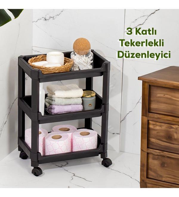 Porsima RAFTY-73-ECO-1 Tekerlekli 3 Katlı Düzenleyici - 35,5 x 22 x 48 cm Hareketli Geniş Raf - Siyah - Image 1