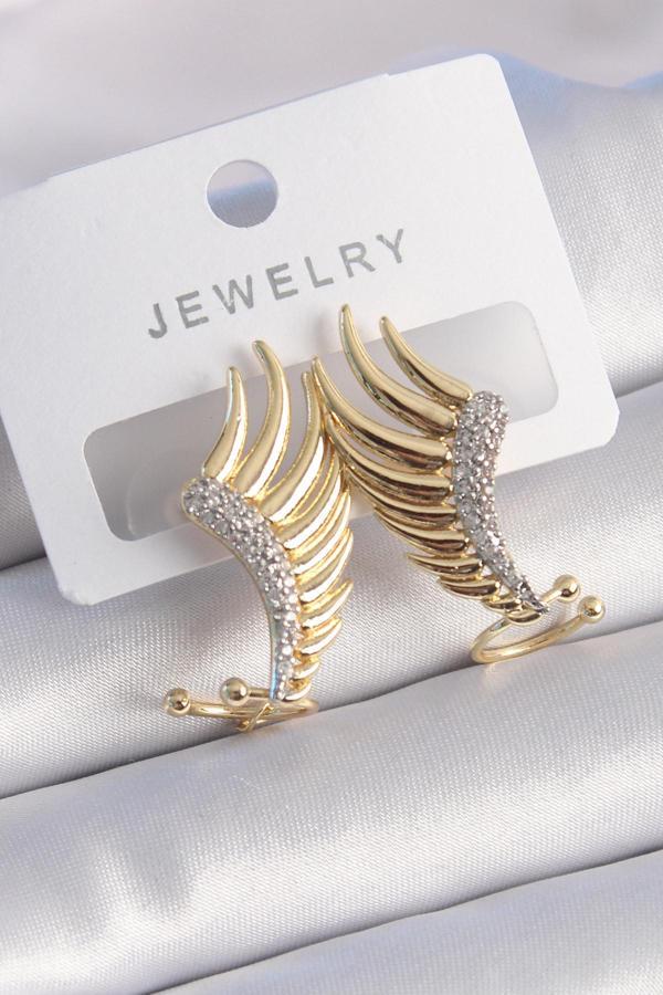 Pirinç Gold Renk Zirkon Taşlı Kanat Model Kadın Küpe - Image 1