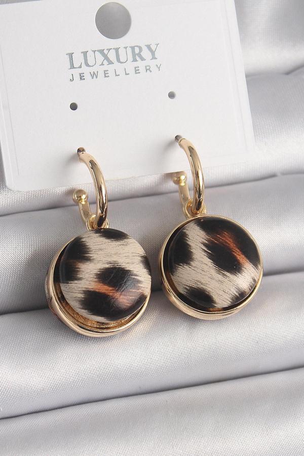 Pirinç Gold Renk Leopar Desenli Daire Model Kadın Küpe - Image 1