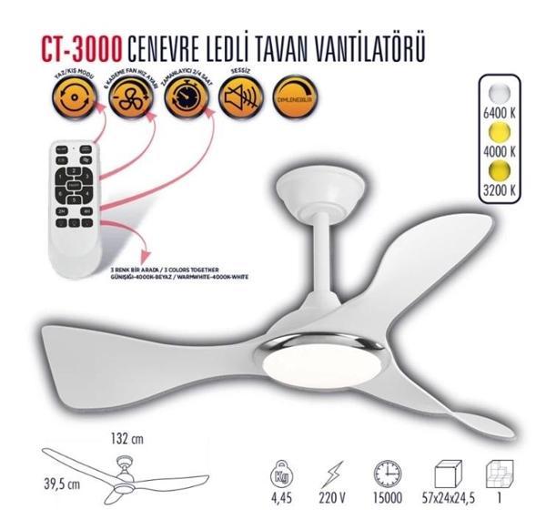 CATA Cenevre Ledli Tavan Vantilatörü 40w Aydınlatma Kumandalı Dekoratif 3 Kanat - Image 1