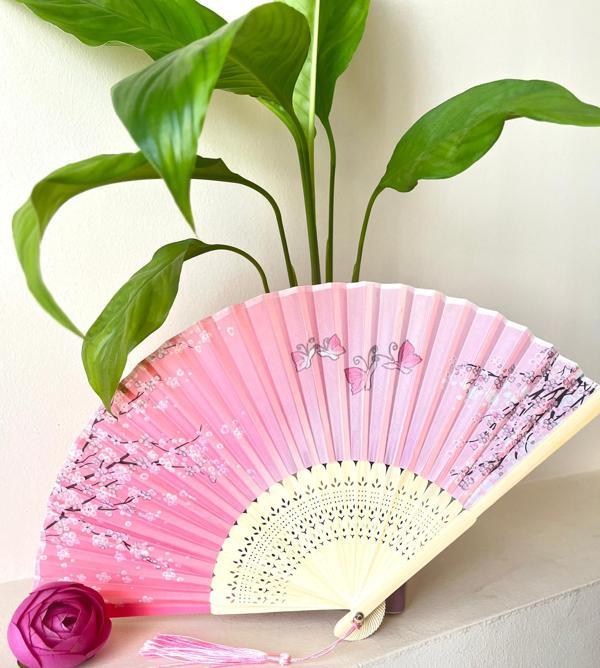 Yelpaze Pembe Beyaz  Bambu Kumaş - Image 1
