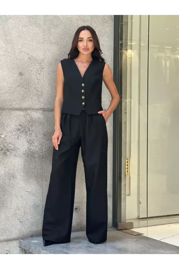 Trend Kadın Önü Düğme Kapamalı Arkası Leopar Desenli Bol Pantolon İkili Takım - Image 1