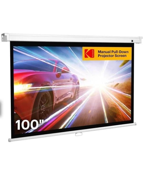 Kodak 100" Manuel Aşağı Çekilebilir 16:9 Geri Çekilebilir Projektör Perdesi Beyaz Standart - Image 1
