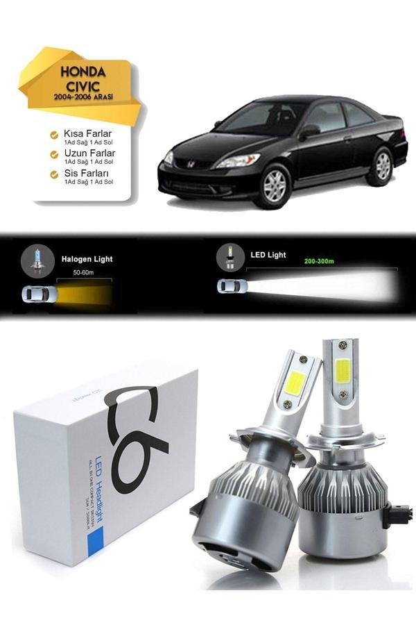 C6 Led Honda Civic Uzun Far Kısa Far Sis Şimşek Etkili Led Xenon 2004-2006 Arası - Image 1
