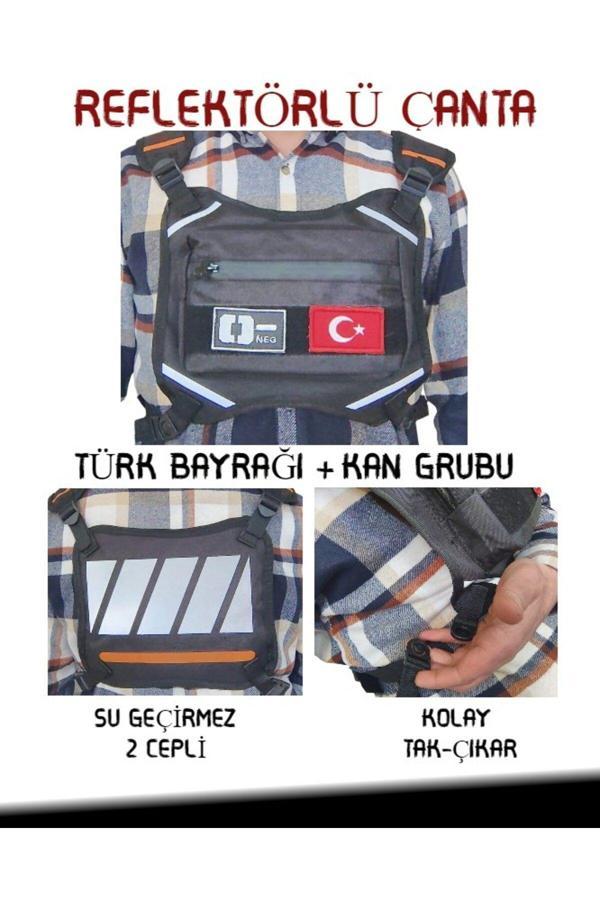 Balp Reflektörlü Gögüs Çantası Kan Grubu O- Türk Bayrağı Su Geçirmez Gri Turuncu - Image 1