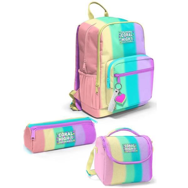 Coral High Desenli Okul Çantası Beslenme Kalemlik 3lü Set 23630 - Image 1