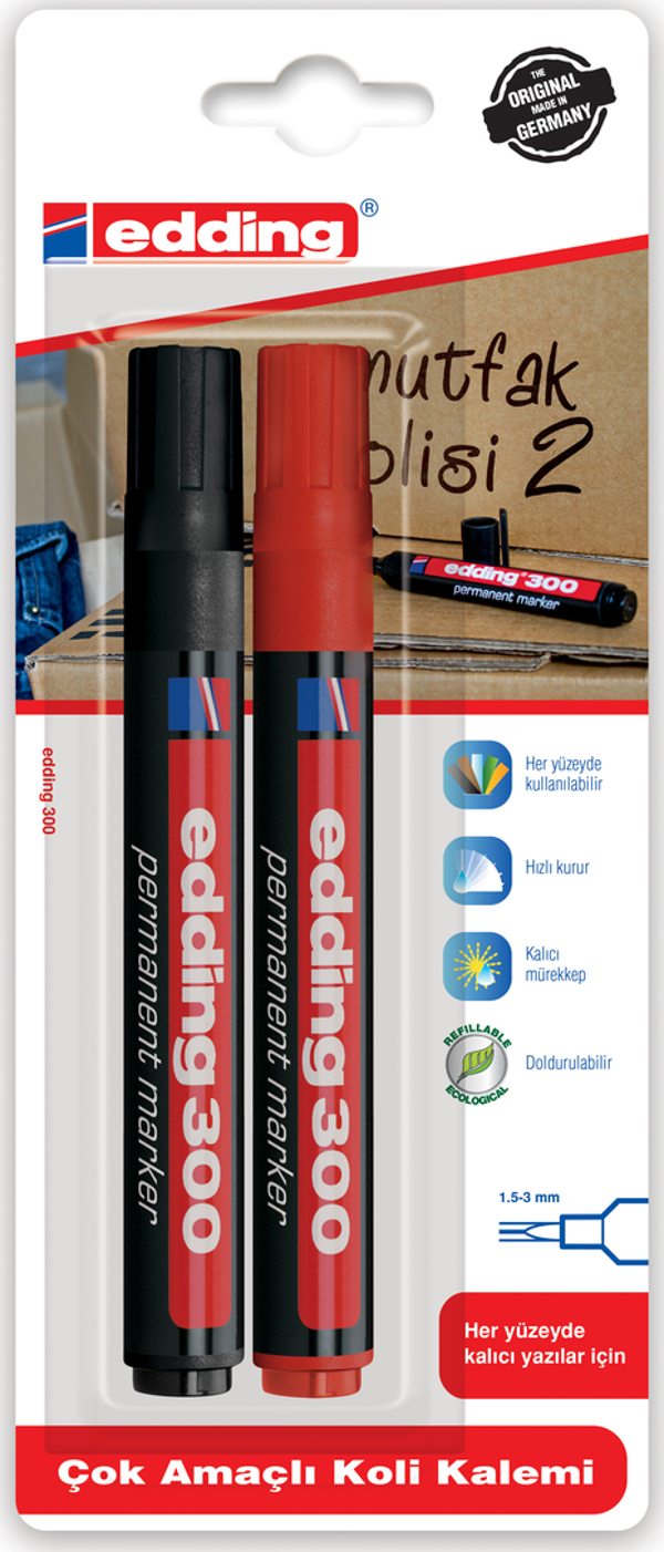 Edding 300 Permanent Markör Kalem Koli Kalemi (Yeniden Doldurulabilir) 1.5-3Mm 2 Li Siyah - Kırmızı (Blister Paket) - Image 1