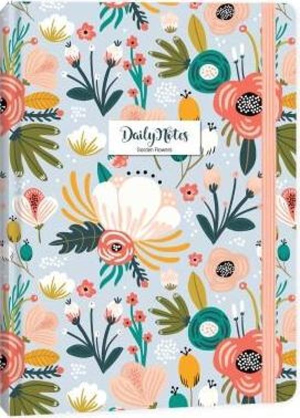 Daily Notes Garden Flowers A5 80 Yaprak Çizgili Ciltli Yaldızlı Sert Kapak Spiralli Ivory Lastikli Not Defteri Mavi - Image 1