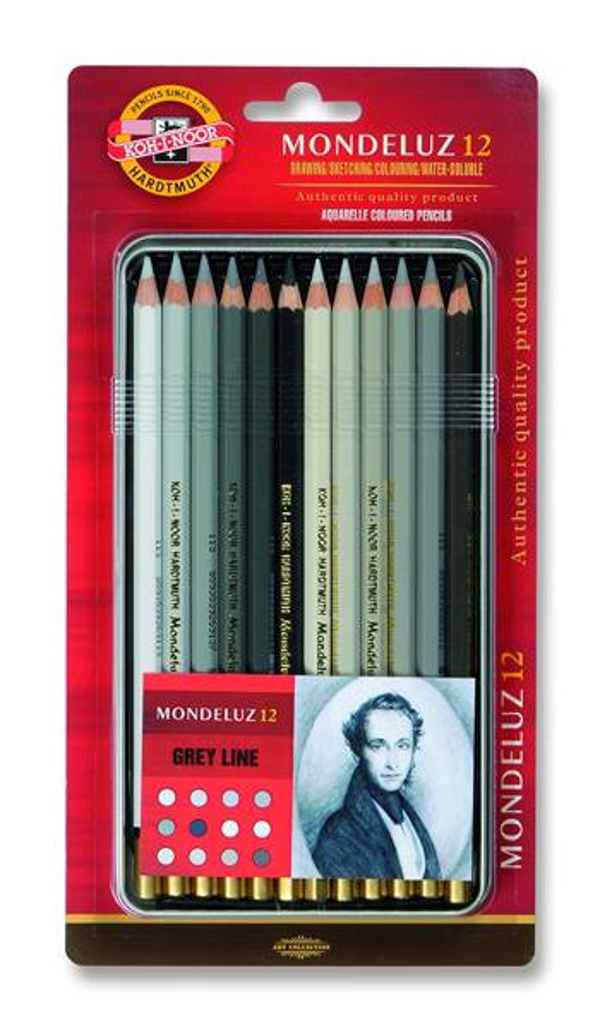 Koh-i Noor Mondeluz Sanatsal Aquarell Boya Kalemi 12 Renk Gri Tonları Metal Kutu 3722-012010BL - Image 1