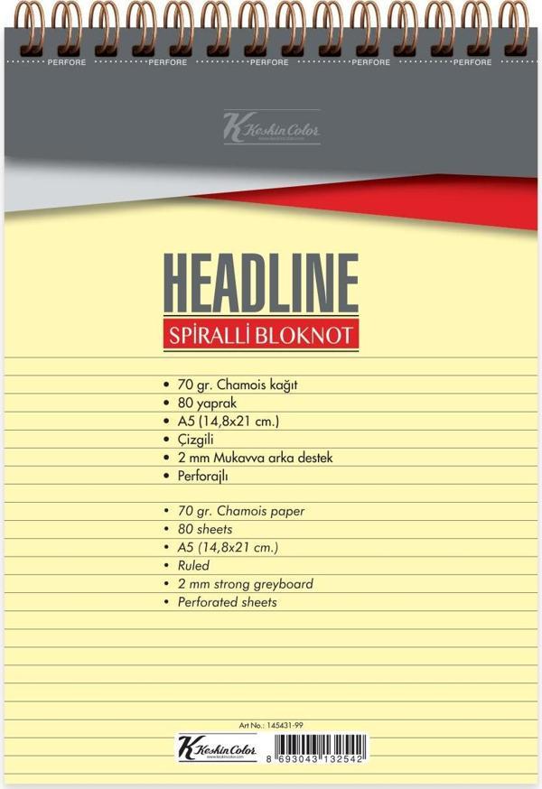 Keskin Color Bloknot (Not Defteri) A5 80 Yaprak Çizgili Karton Kapak Spiralli Headline 145431-99 (6 Lı Paket) - Image 1