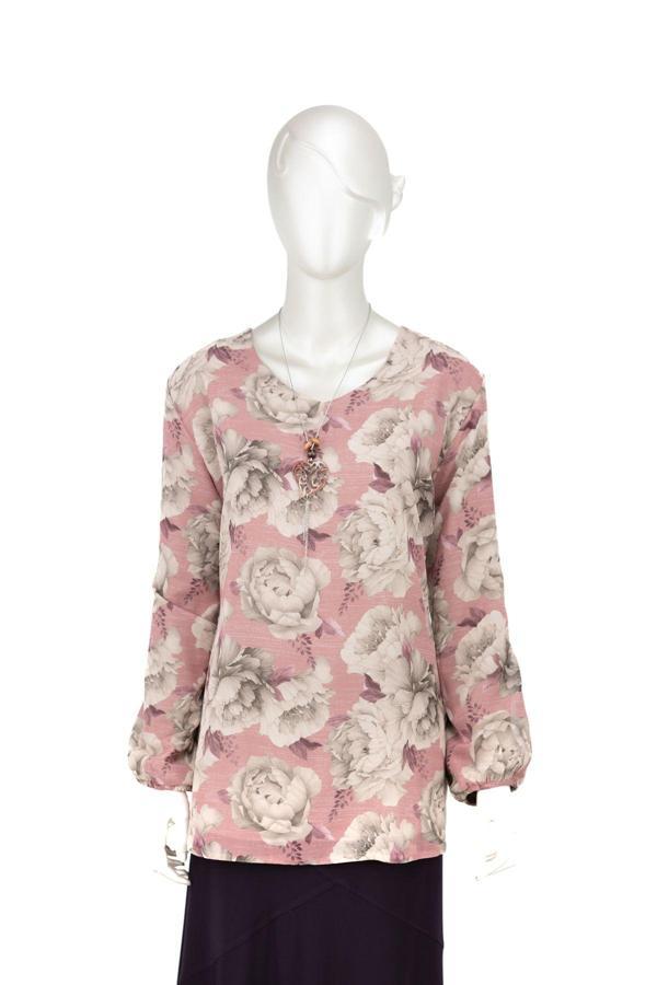 Oppland Kadın Klasik Şifon Anne Bluz Viskoz Kumaş Gül Desenli Kolyeli Uzun Kollu Astarlı Tam Kalıp Pudra 2XL - Image 1