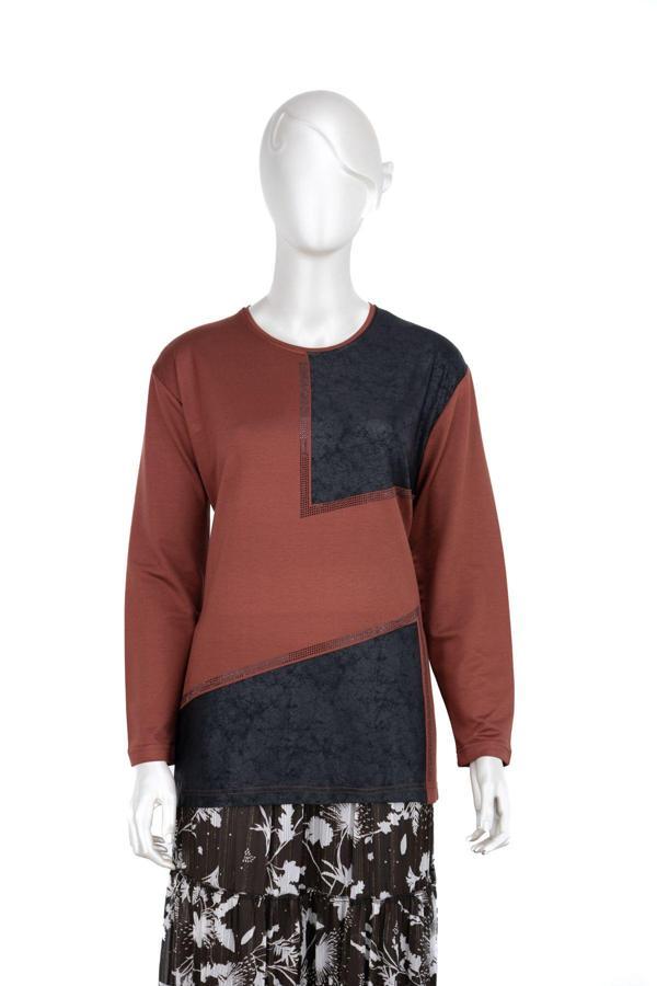 Oppland Kadın Viskon Penye Kumaş Taşlı Anne Bluz Yuvarlak Yaka Desenli Uzun Kol Tam Kalıp Kiremit 2XL - Image 1