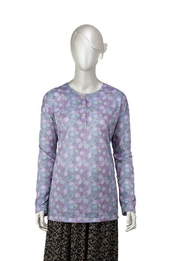 Oppland Kadın Kağıt Baskı Klasik Anne Bluz Pamuk Kumaş Fesleğen Desenli Üç Düğmeli Tam Kalıp Eflatun L - Image 1