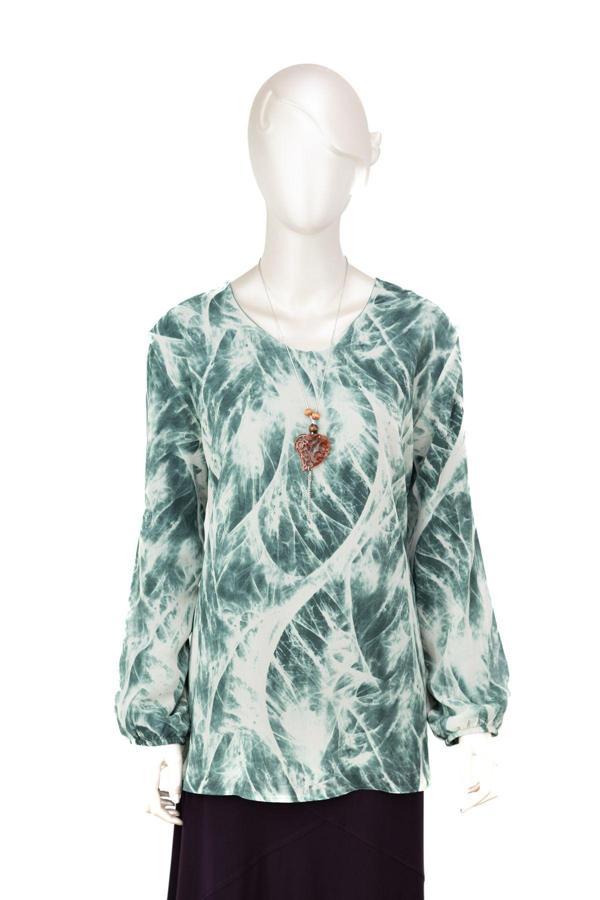 Oppland Kadın Klasik Şifon Anne Bluz Viskoz Kumaş Sanat Desenli Kolyeli Astarlı Rahatkesim Tam Kalıp Yeşil 4XL - Image 1