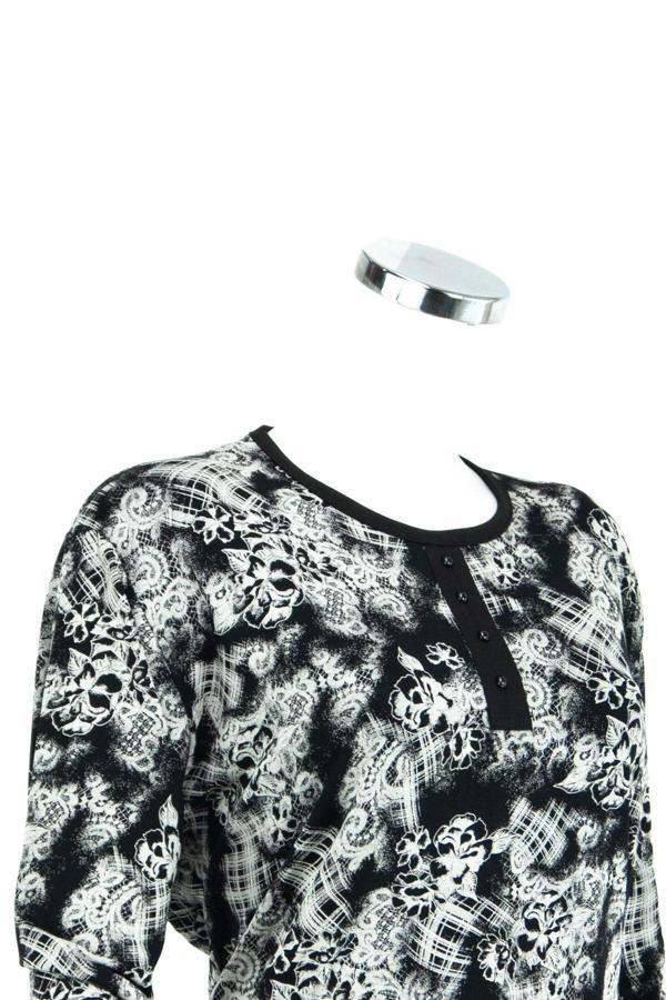 Oppland Kadın Çınar Desenli Sıfır Yaka Geniş Kalıp Likralı Viskon Penye Kumaş Büyük Beden Anne Bluz Siyah 2XL - Image 1