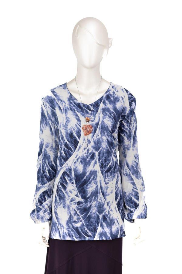 Oppland Kadın Klasik Şifon Anne Bluz Viskoz Kumaş Sanat Desenli Kolyeli Astarlı Rahatkesim Tam Kalıp Mavi 4XL - Image 1