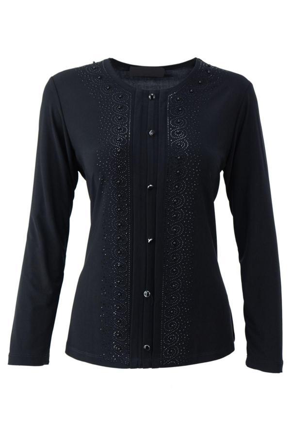 Oppland Kadın Anne Bluz Likralı Sandy Kumaş Şık Ve Modern Elmasım Taşlı Yuvarlak Yakalı Rahat Kesim Siyah 3XL - Image 1