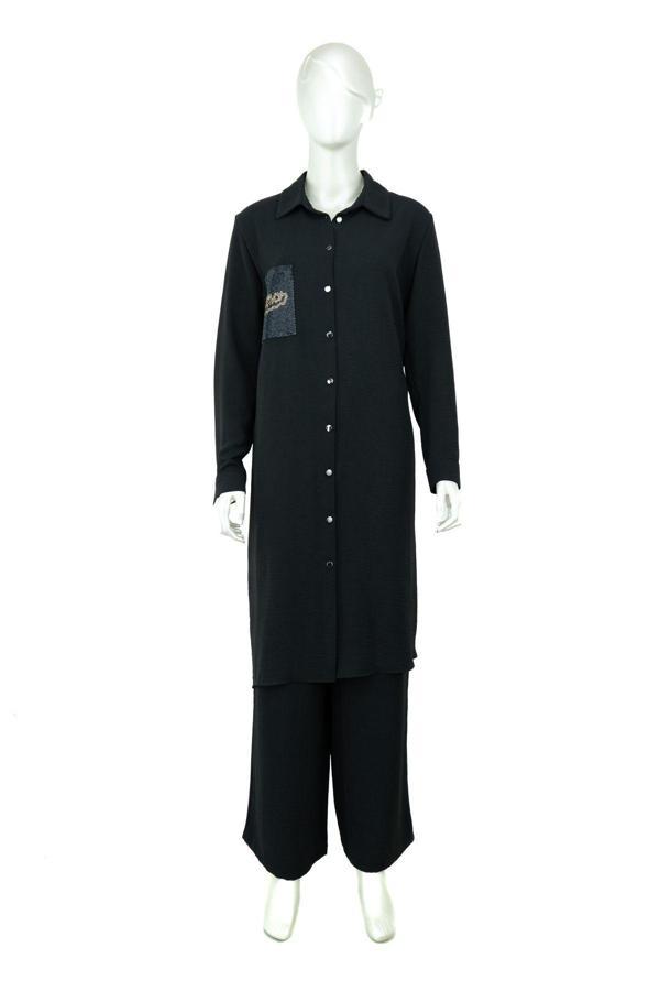 Oppland Kadın Önden Düğmeli Rahat Tam Kalıp Likrasız Aerobin Kumaş Pantolunlu Tunikli İkili Takım Siyah XL - Image 1