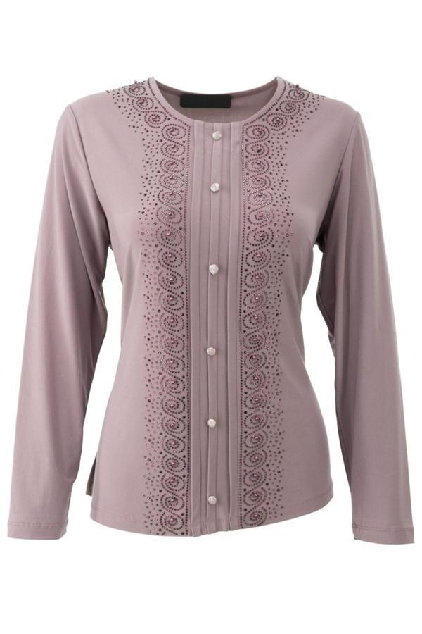 Oppland Kadın Anne Bluz Likralı Sandy Kumaş Şık Ve Modern Elmasım Taşlı Yuvarlak Yakalı Rahat Kesim Eflatun 3XL - Image 1