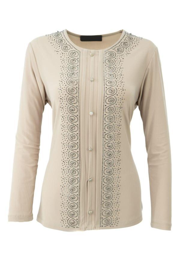 Oppland Kadın Anne Bluz Likralı Sandy Kumaş Şık Ve Modern Elmasım Taşlı Yuvarlak Yakalı Rahat Kesim Krem 2XL - Image 1