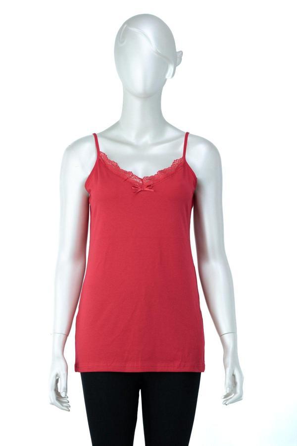 Oppland Kadın Düz Renk Dantelli Kolsuz Tek Beden Dar Kesim Likralı Pamuk Tommy Kumaş Askılı Badi Kırmızı Standart - Image 1