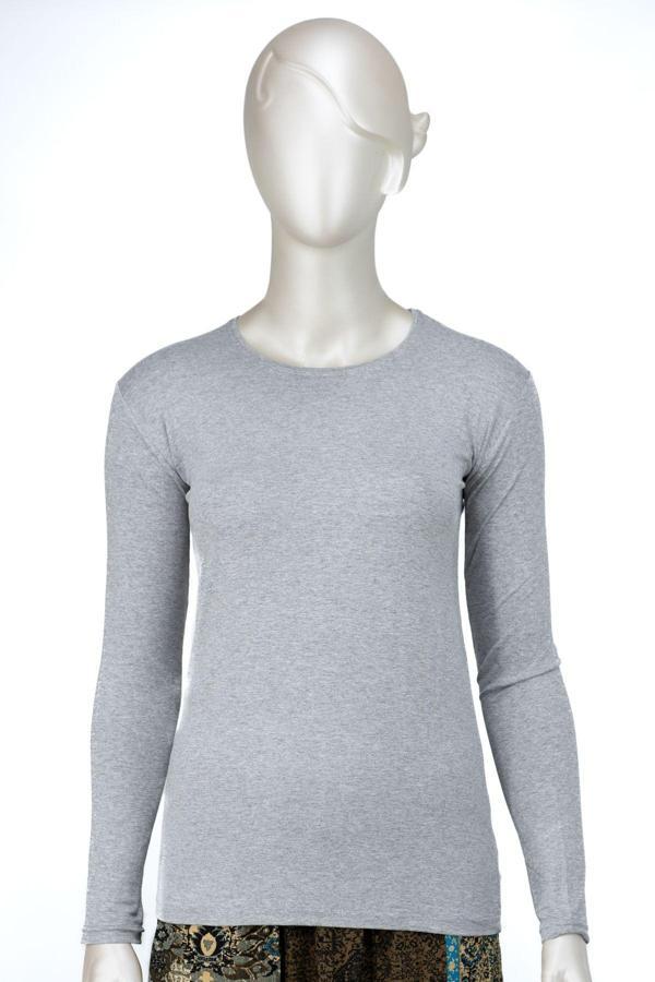 Oppland Kadın Düz Renk Uzun Kollu Dar Kesim Bedene Oturan Likralı Turlu Viskon Kumaş Badi Açık Gri L - Image 1