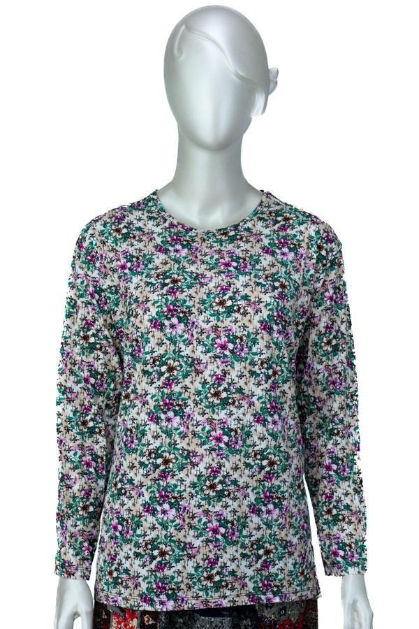 Oppland Kadın Anne Bluz Turlu Viskon Penye Kumaş Bahar Bahçesi Desenli Likralı Rahat Kesim Tam Kalıp Yeşil L - Image 1