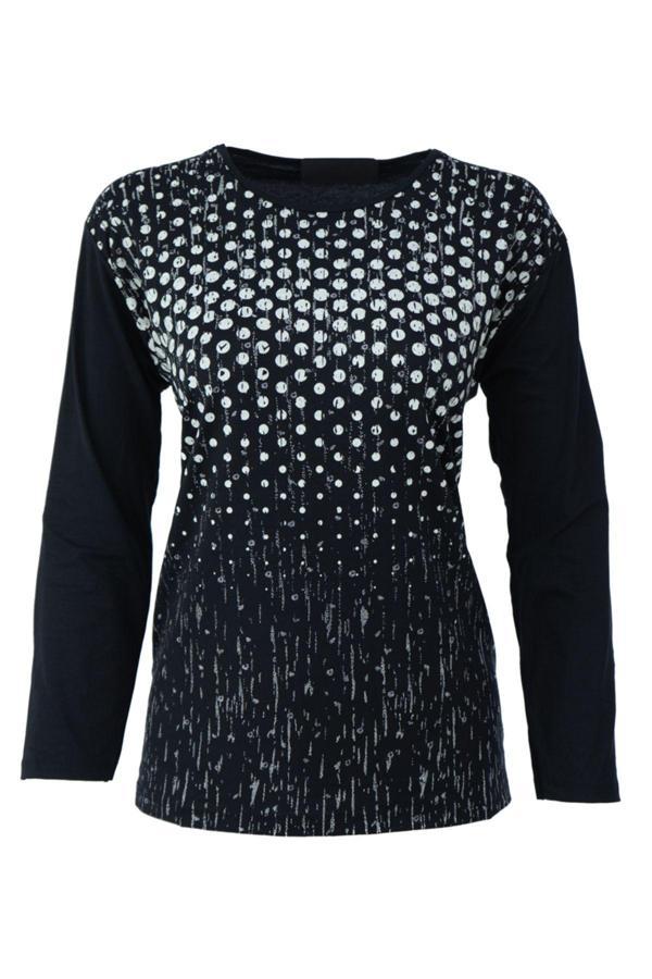Oppland Kadın Yazlık Baskılı Anne Penye Bluz Viskon Kumaş Puantiye Desenli Rahat Kesim Tam Kalıp Siyah L - Image 1