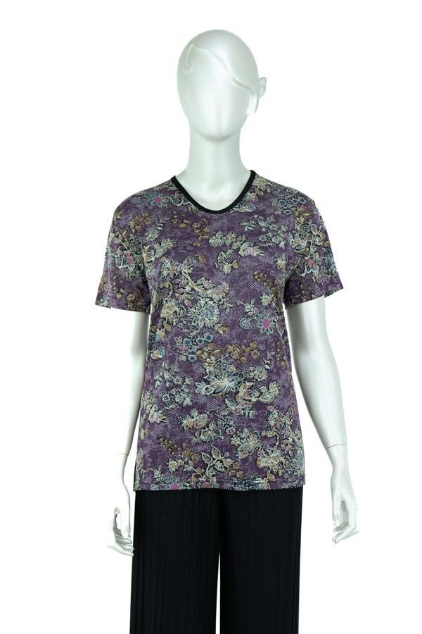 Oppland Kadın Çiçek Desenli Hafif V Yaka Kısa Kollu Tam Kalıp Turlu Viskon Penye Kumaş Anne Bluz Eflatun 2XL - Image 1