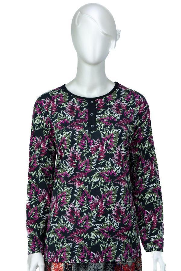 Oppland Kadın Anne Bluz Turlu Viskon Penye Kumaş Çiçek Demeti Desenli Likralı Rahat Kesim Tam Kalıp Fuşya L - Image 1