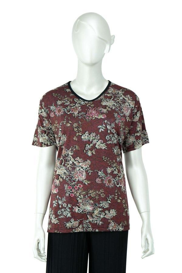 Oppland Kadın Çiçek Desenli Hafif V Yaka Kısa Kollu Tam Kalıp Turlu Viskon Penye Kumaş Anne Bluz Bordo L - Image 1