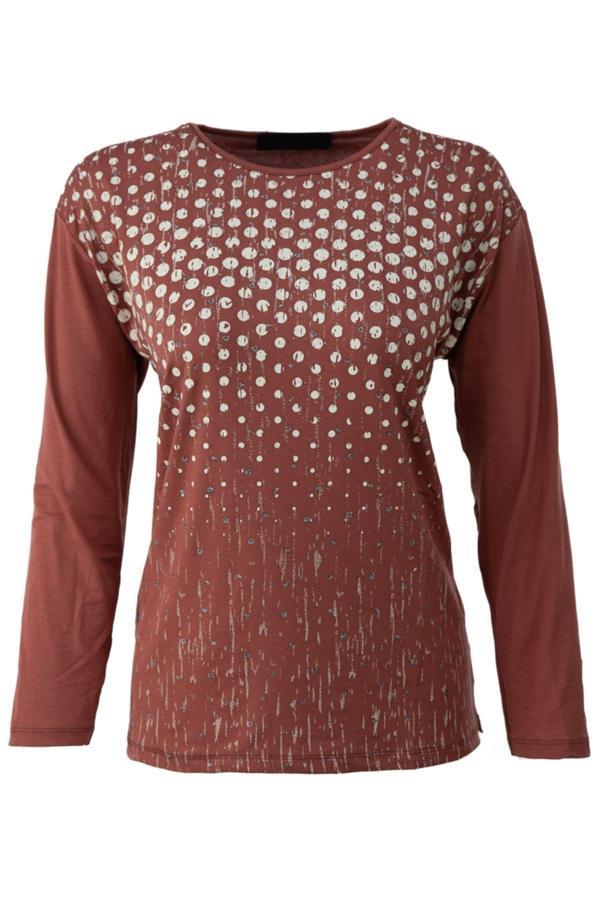 Oppland Kadın Yazlık Baskılı Anne Penye Bluz Viskon Kumaş Puantiye Desenli Rahat Kesim Tam Kalıp Kiremit L - Image 1