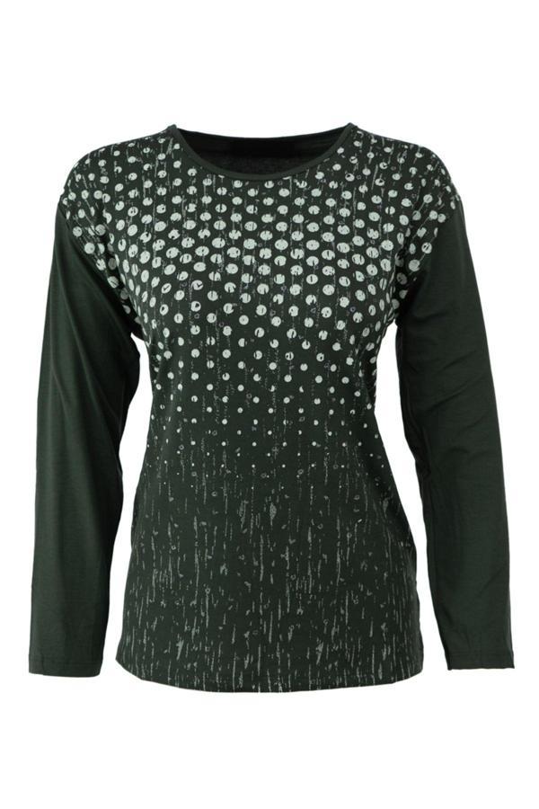 Oppland Kadın Yazlık Baskılı Anne Penye Bluz Viskon Kumaş Puantiye Desenli Rahat Kesim Tam Kalıp Yeşil L - Image 1