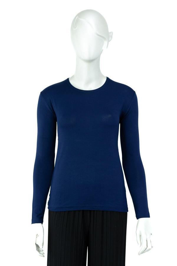 Oppland Kadın Düz Renk Yuvarlak Yaka Uzun Kol Darkesim Bedene Oturan Likralı Turlu Viskon Kumaş Badi Lacivert L - Image 1