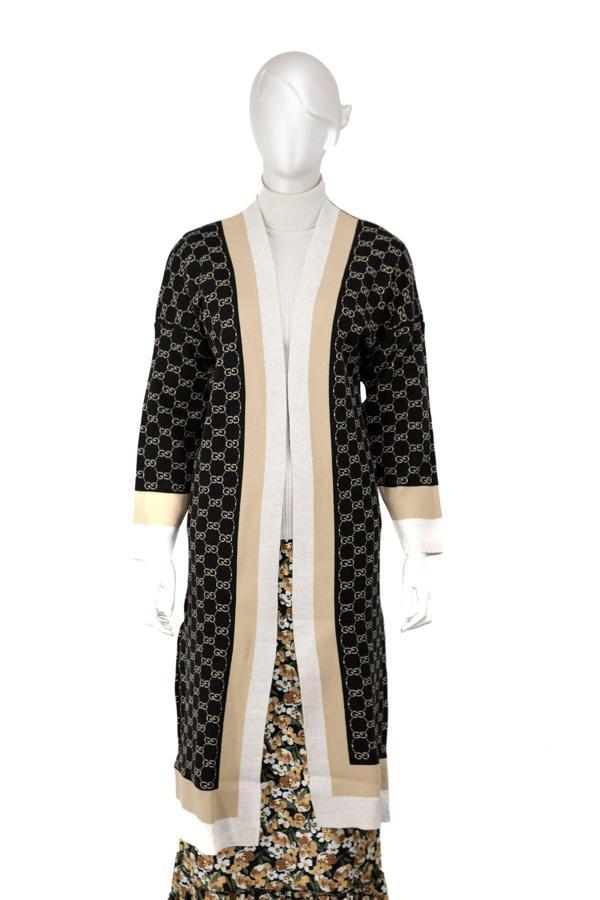 Oppland Kadın Kışlık Boydan Marka Harf Desenli Kapamasız Rahatkesim Uzun Kol Triko Dokuma Uzun Hırka Sütlü Kahverengi Standart - Image 1