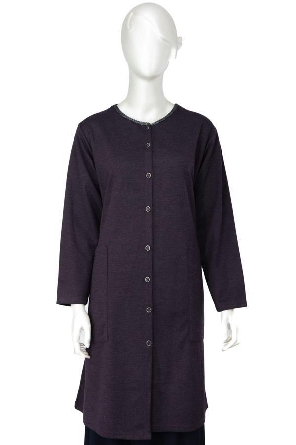 Oppland Kadın Kışlık Anne Uzun Hırka Ecrin Örme Önü Düğmeli Cepli Likralı Bisiklet Yaka Göl Model Mor 3XL - Image 1