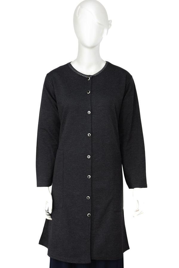 Oppland Kadın Kışlık Anne Uzun Hırka Ecrin Örme Önü Düğmeli Cepli Likralı Bisiklet Yaka Göl Model Füme XL - Image 1