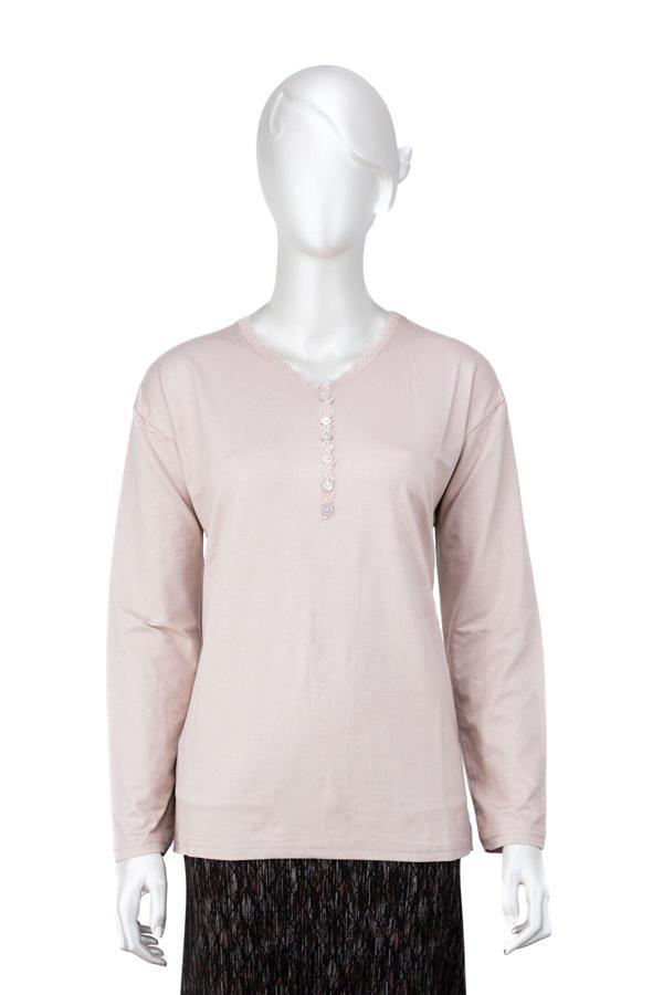 Oppland Kadın Turlu Viskon Penye Kumaş Anne Bluz Şık Fırfırlı V Yaka Normal Kesim Tam Kalıp Likralı Bej 2XL - Image 1