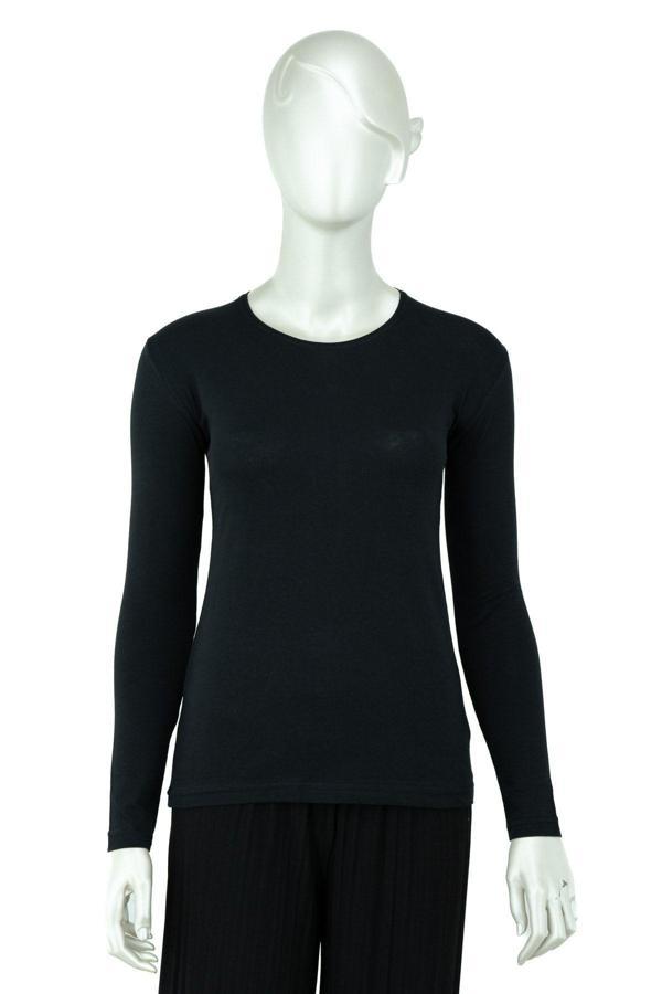 Oppland Kadın Düz Renk Yuvarlak Yaka Uzun Kollu Dar Kesim Bedene Oturan Likralı Pamuk Kumaş Badi Siyah S - Image 1