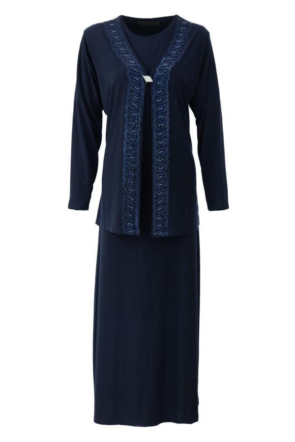 Oppland Kadın Boydan Elbise Özel Düğünlük Likralı Sandy Kumaş Hanedan Model Bisiklet Yakalı Rahat Lacivert 2XL - Image 1