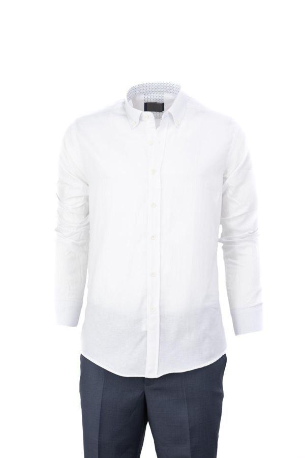 Oppland Erkek Gömlek %100 Premium Pamuk Kumaş Uzun Kollu Tam Kalıp Slim Fit Yakası Düğmeli Beyaz M - Image 1