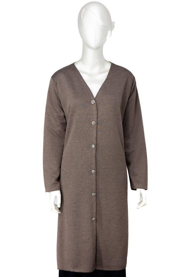 Oppland Kadın Kışlık Anne Uzun Hırka Ecrin Örme Önü Düğmeli Çift Cepli Likralı V Yaka Deniz Model Kahverengi 5XL - Image 1