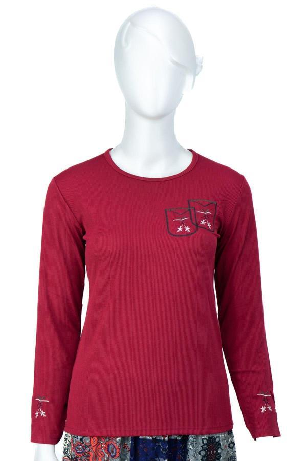 Oppland Kadın Badi Bluz Gofre Kumaş Resim Nakışlı Likralı Yuvarlak Yaka Uzun Kollu Normal Kesim Kırmızı Standart - Image 1