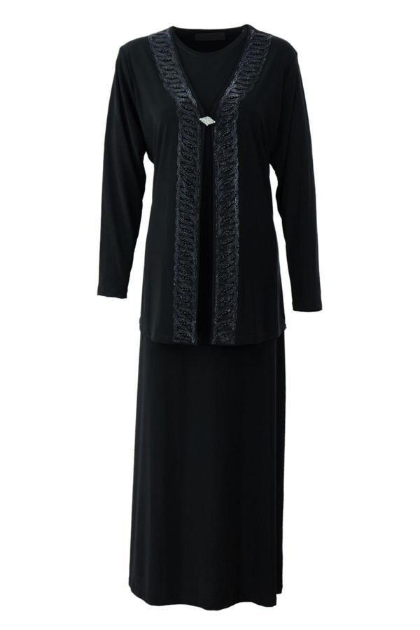 Oppland Kadın Boydan Elbise Özel Düğünlük Likralı Sandy Kumaş Hanedan Model Bisiklet Yakalı Rahat Siyah XL - Image 1