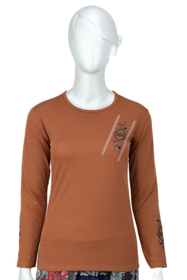 Oppland Kadın Badi Bluz Gofre Kumaş Şık Nakışlı Likralı Yuvarlak Yaka Uzun Kollu Normal Kesim Kiremit Standart - Image 1